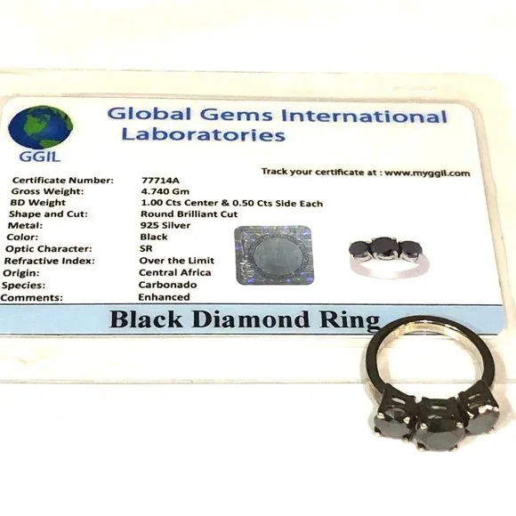 Genuine 2 CTs of 3 Black Diamonds 925 Sterling Silver Ring - Picture 11 of 12